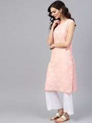 Peach sleeveless cotton printed kurta
