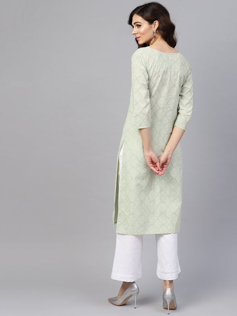 Green printed 3/4th sleeve cotton printed straight kurta
