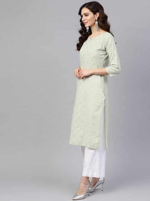 Green printed 3/4th sleeve cotton printed straight kurta