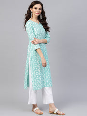 Blue printed 3/4th sleeve cotton printed straight kurta