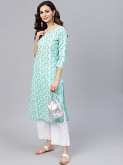 Blue printed 3/4th sleeve cotton printed straight kurta