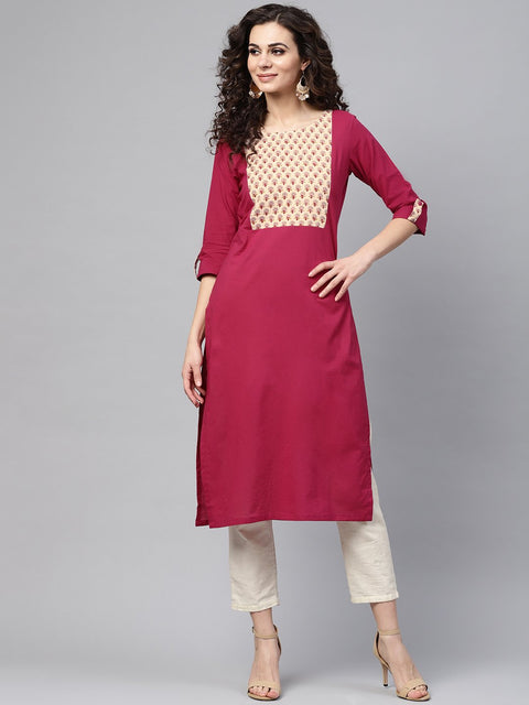 Red 3/4th sleeve yoke printed cotton straight kurta