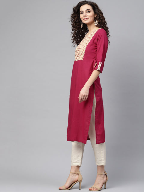 Red 3/4th sleeve yoke printed cotton straight kurta