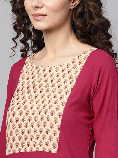 Red 3/4th sleeve yoke printed cotton straight kurta