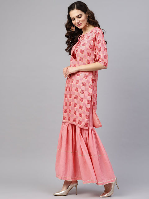 Peach 3/4th sleeve printed kurta set with sharara and red dupatta