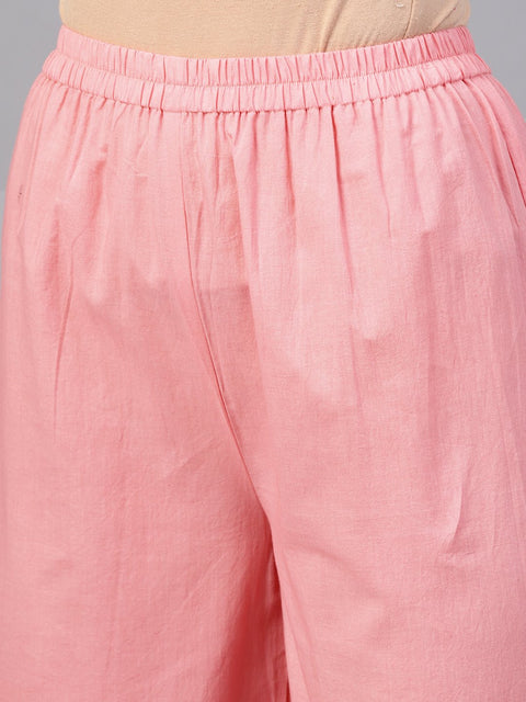 Peach 3/4th sleeve printed kurta set with sharara and red dupatta