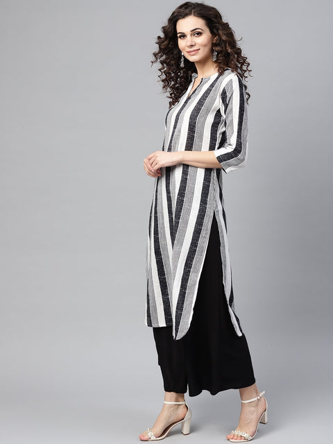 Black & White striped printed 3/4th sleeve cotton kurta