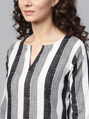Black & White striped printed 3/4th sleeve cotton kurta