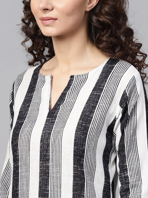 Black & White striped printed 3/4th sleeve cotton kurta