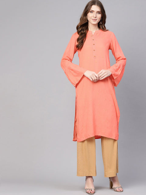 Women Peach-Coloured Woven Design Straight Kurta
