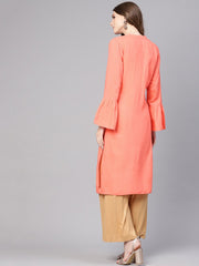 Women Peach-Coloured Woven Design Straight Kurta