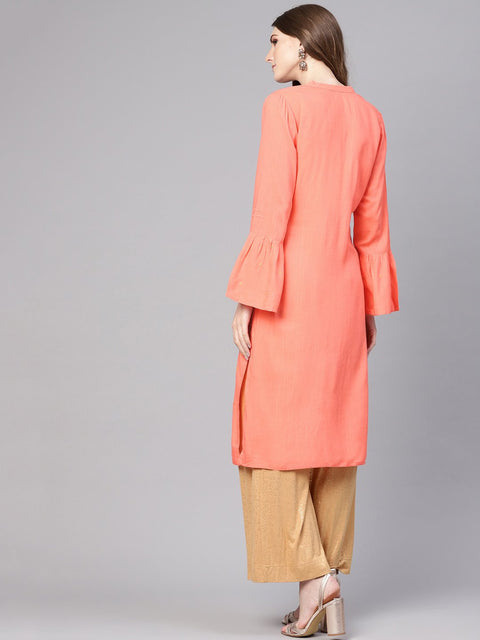 Women Peach-Coloured Woven Design Straight Kurta
