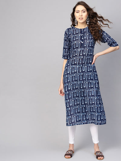 Women Blue & White Printed Straight Kurta