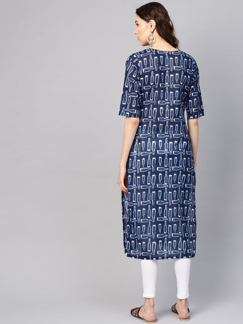Women Blue & White Printed Straight Kurta