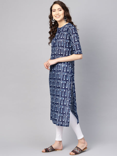 Women Blue & White Printed Straight Kurta