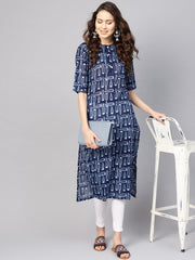 Women Blue & White Printed Straight Kurta