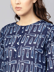 Women Blue & White Printed Straight Kurta