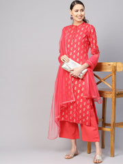 Women Coral Red & Golden Printed Kurta with Palazzos & Dupatta