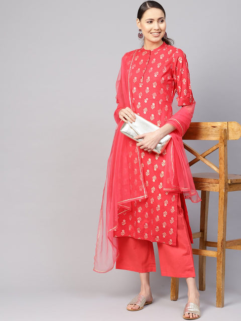 Women Coral Red & Golden Printed Kurta with Palazzos & Dupatta