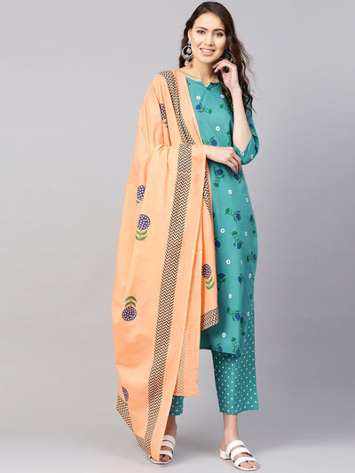 Women Green & Peach-Coloured Printed Kurta with Trousers & Dupatta
