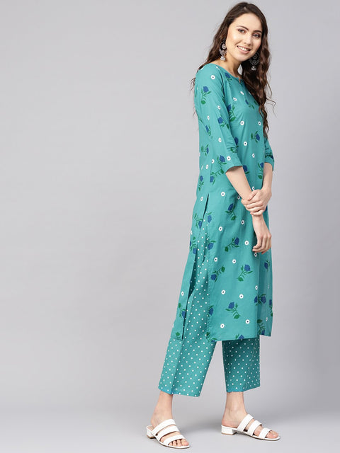 Women Green & Peach-Coloured Printed Kurta with Trousers & Dupatta