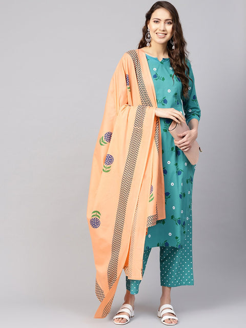 Women Green & Peach-Coloured Printed Kurta with Trousers & Dupatta