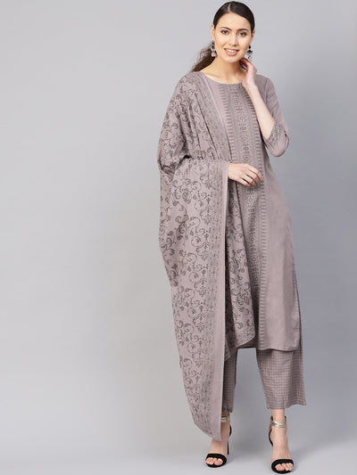 Women Grey Printed Kurta with Trousers & Dupatta