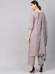 Women Grey Printed Kurta with Trousers & Dupatta