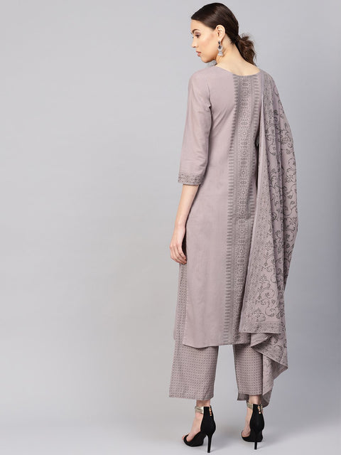 Women Grey Printed Kurta with Trousers & Dupatta
