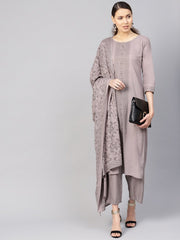 Women Grey Printed Kurta with Trousers & Dupatta