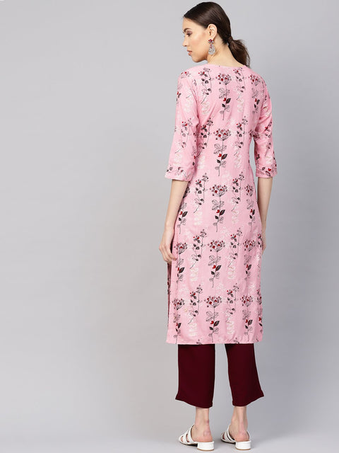 Women Pink & Burgundy Printed Kurta with Trousers