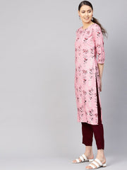 Women Pink & Burgundy Printed Kurta with Trousers