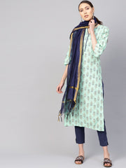 Women Sea Green & Navy Blue Printed Kurta with Trousers & Dupatta