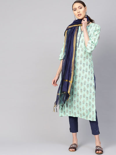Women Sea Green & Navy Blue Printed Kurta with Trousers & Dupatta