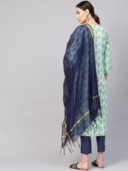 Women Sea Green & Navy Blue Printed Kurta with Trousers & Dupatta