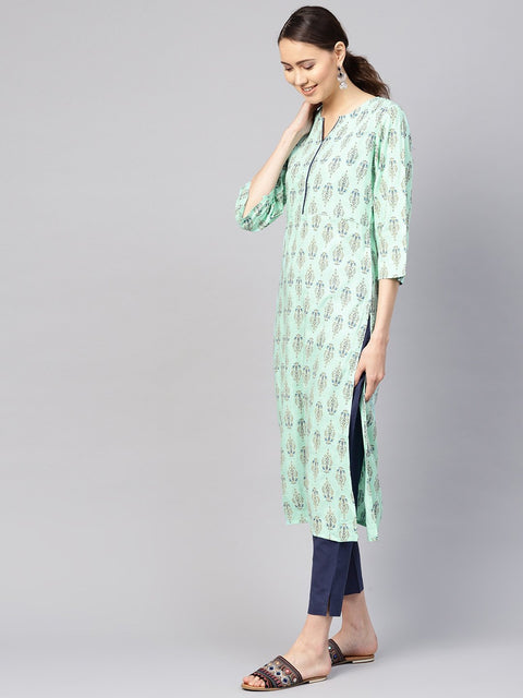 Women Sea Green & Navy Blue Printed Kurta with Trousers & Dupatta