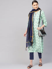 Women Sea Green & Navy Blue Printed Kurta with Trousers & Dupatta