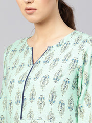 Women Sea Green & Navy Blue Printed Kurta with Trousers & Dupatta