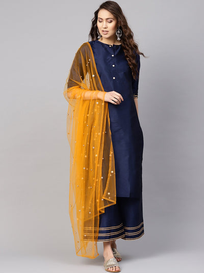 Women Navy Blue & Mustard Yellow Solid Kurta with Palazzos & Dupatta