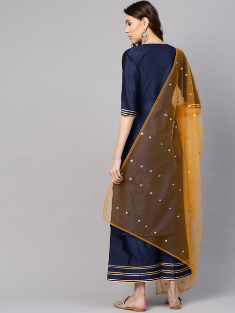 Women Navy Blue & Mustard Yellow Solid Kurta with Palazzos & Dupatta