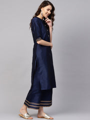 Women Navy Blue & Mustard Yellow Solid Kurta with Palazzos & Dupatta