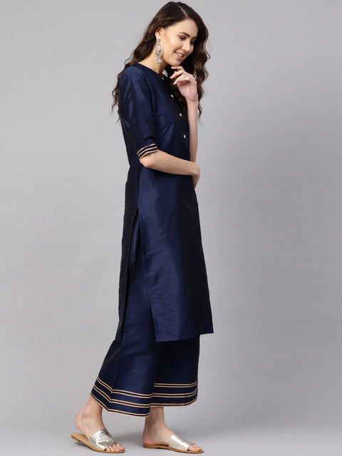 Women Navy Blue & Mustard Yellow Solid Kurta with Palazzos & Dupatta