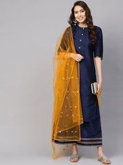 Women Navy Blue & Mustard Yellow Solid Kurta with Palazzos & Dupatta