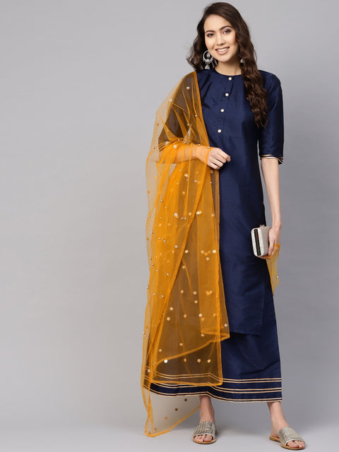 Women Navy Blue & Mustard Yellow Solid Kurta with Palazzos & Dupatta