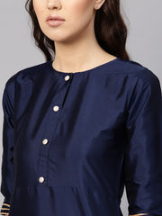 Women Navy Blue & Mustard Yellow Solid Kurta with Palazzos & Dupatta