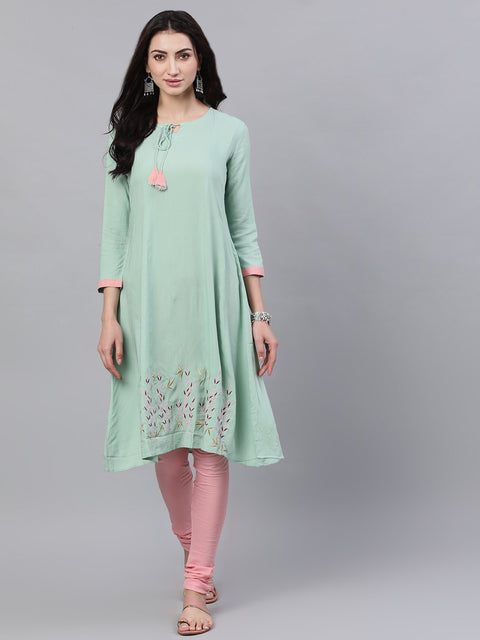Women Pastel green and pink embroidered boat neck with v-slit 3/4th sleeves  kurta with pink churidar