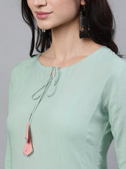 Women Pastel green and pink embroidered boat neck with v-slit 3/4th sleeves  kurta with pink churidar