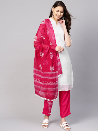 Women White & Pink Solid Kurta with Trousers & Dupatta