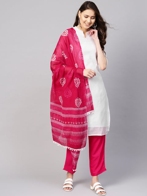 Women White & Pink Solid Kurta with Trousers & Dupatta