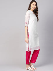 Women White & Pink Solid Kurta with Trousers & Dupatta